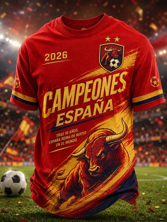 Men's We Are The Champions 2026 Print Celebrate España Champions Gift For Football Fans Casual Tee