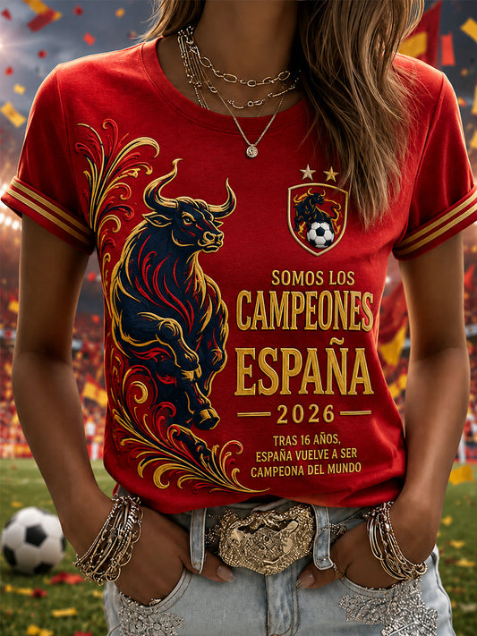 Women's We Are The Champions 2026 Print Celebrate España Champions Gift For Football Fans Casual Tee