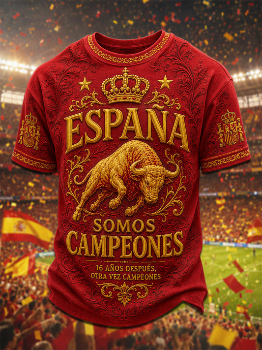 Men's We Are The Champions 2026 Print Celebrate España Champions Gift For Football Fans Casual Tee
