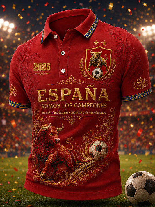 Men's We Are The Champions 2026 Print Celebrate España Champions Gift For Football Fans Casual Polo Shirt