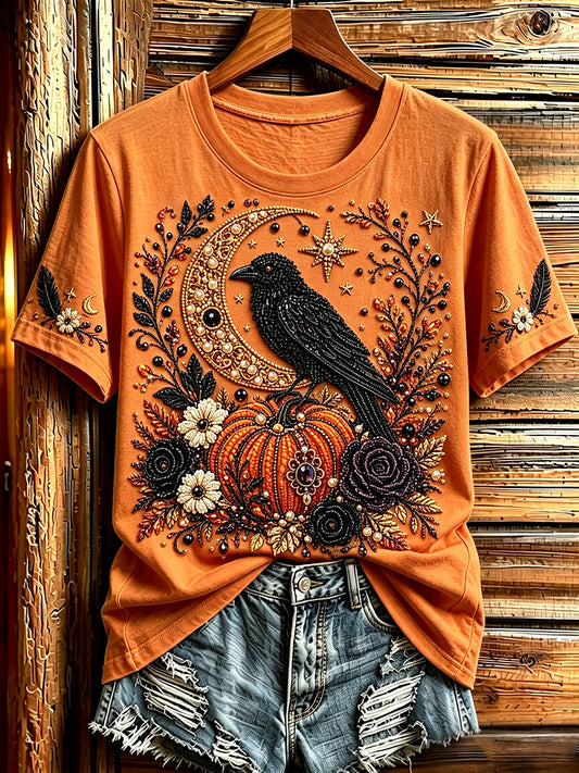 Women's Halloween Bead Raven And Pumpkin Art Print Short-sleeved T-shirt