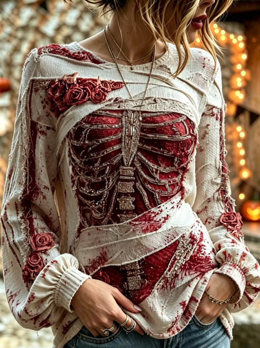 Women's Retro Halloween Bloody Human Skeleton With Floral Art Casual Long Sleeve Tops