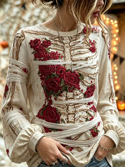Women's Retro Halloween Bloody Human Skeleton With Floral Art Casual Long Sleeve Tops
