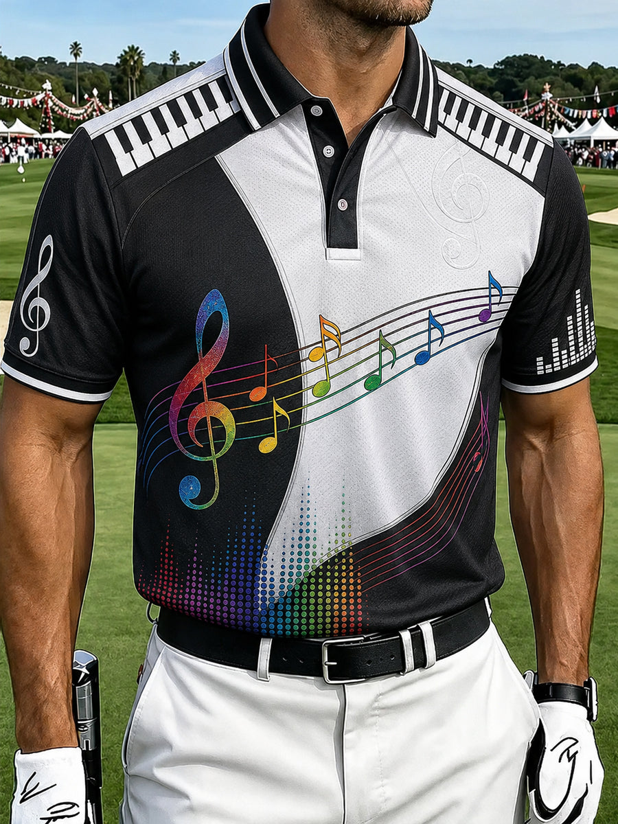 Men's Retro Business-Style Music Note Patchwork Casual Polo Shirt