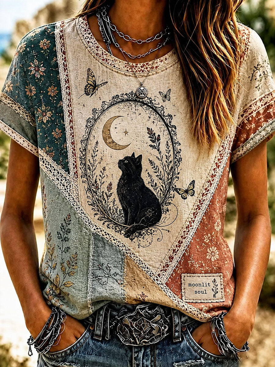 Women’s Cat Art Print Casual Short-Sleeve T-Shirt