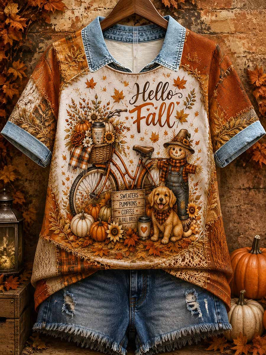 Women's Vintage Autumn Fallen Leaves Print T-Shirt