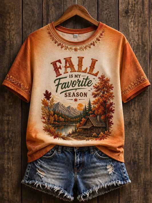 Women's Vintage Autumn Fallen Leaves Print T-Shirt