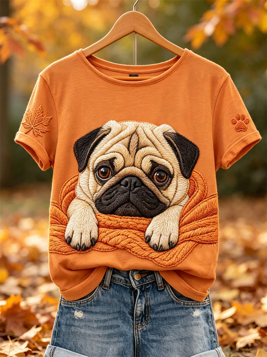 Women's Fall Cozy Pug Dog in Blanket Paw & Maple Leaf Print short-sleeved T-shirt