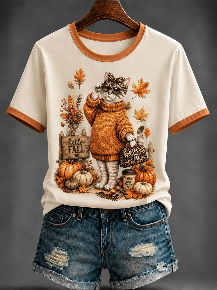 Women's Autumn Cute Cat Printed T-shirt