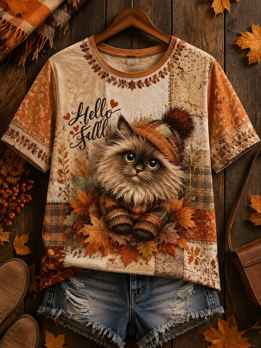 Women's Vintage Autumn Cat Print T-Shirt