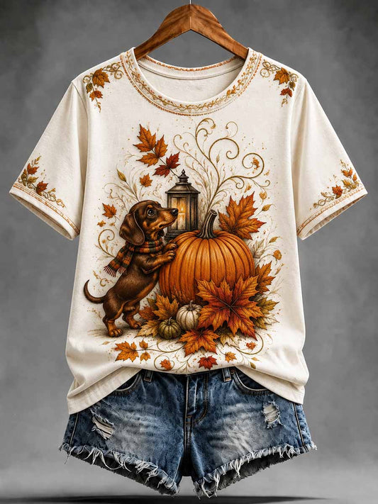 Women's Retro Autumn Dachshund Pattern Printed T-Shirt