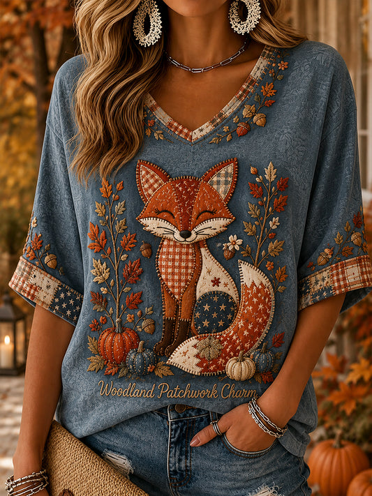 Women's Autumn Style  Pattern Linen V-Neck Shirt