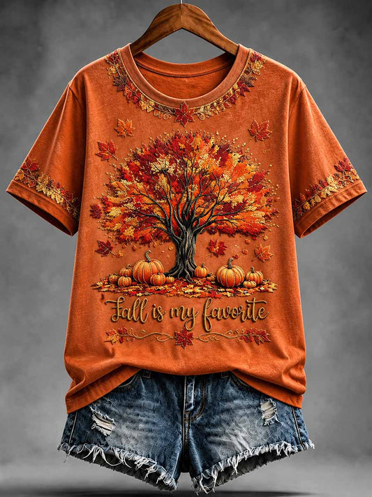 Women's Vintage Autumn Fallen Leaves Print T-Shirt