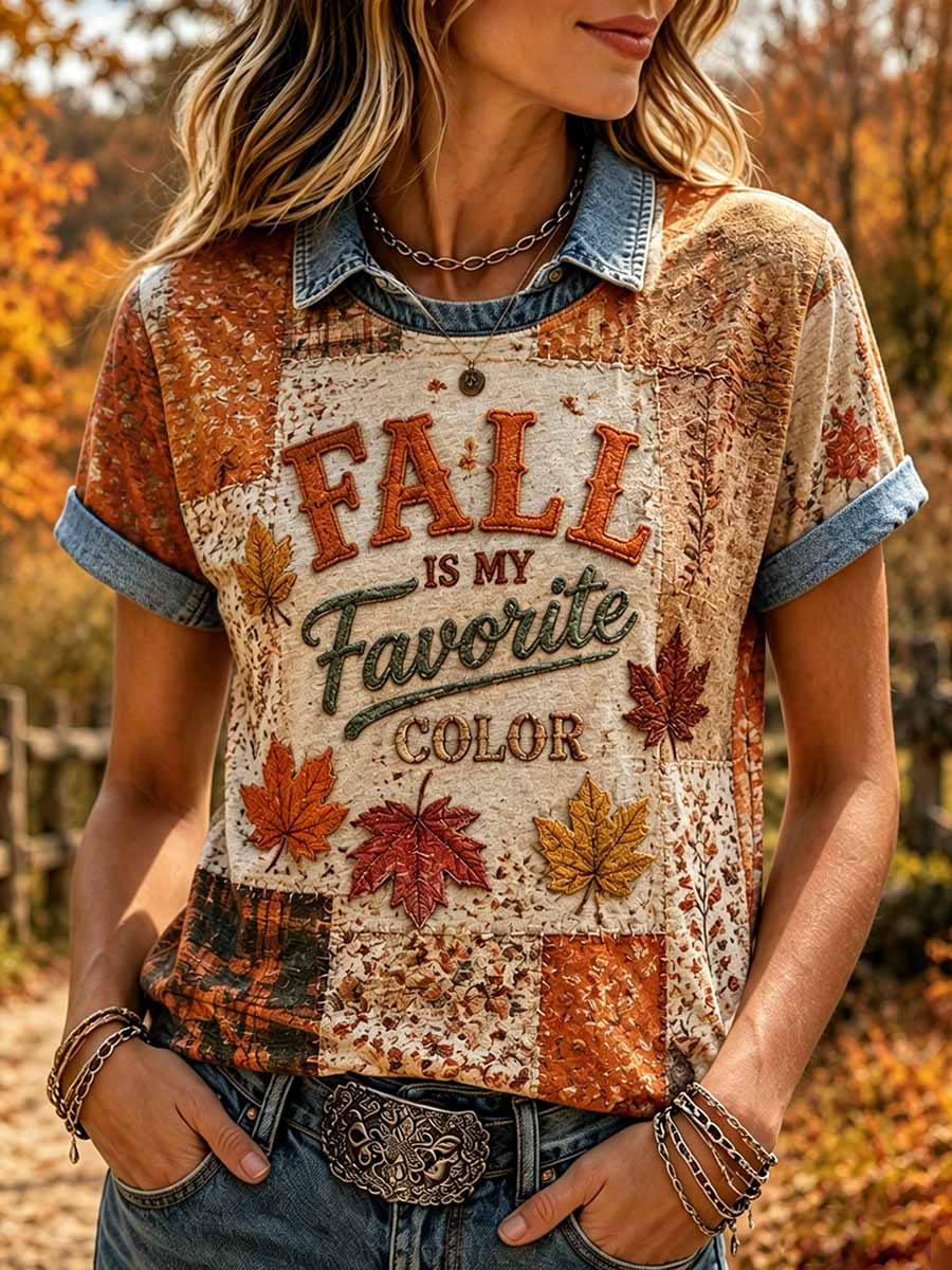 Women's Vintage Autumn Fallen Leaves Print T-Shirt