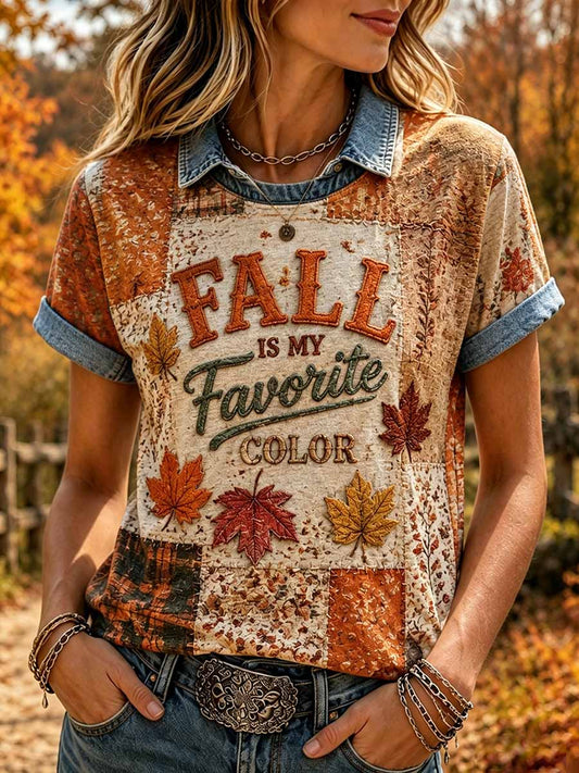 Women's Vintage Autumn Fallen Leaves Print T-Shirt
