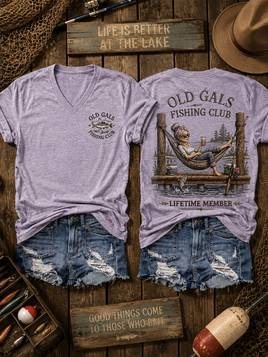 Women's Funny Old Gals Fishing Club Lifetime Member Print Casual V-Neck Tee