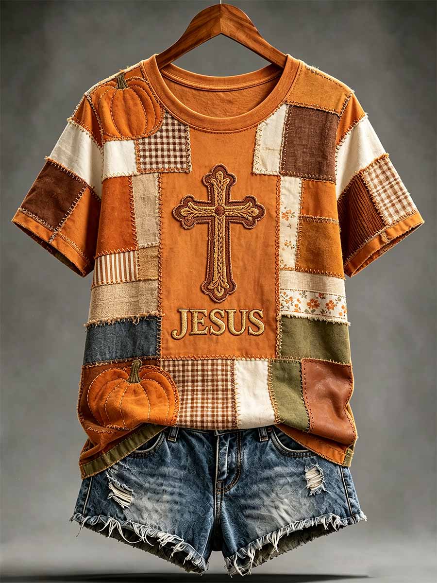 Women's Retro Fall Cross Jesus Graphic T-Shirt