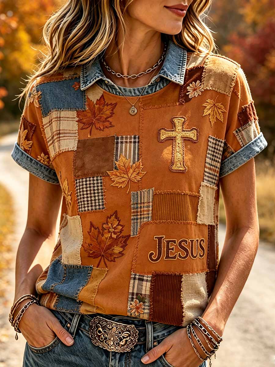 Women's Retro Fall Cross Jesus Graphic T-Shirt