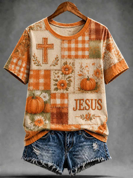 Women's Retro Fall Cross Jesus Graphic T-Shirt