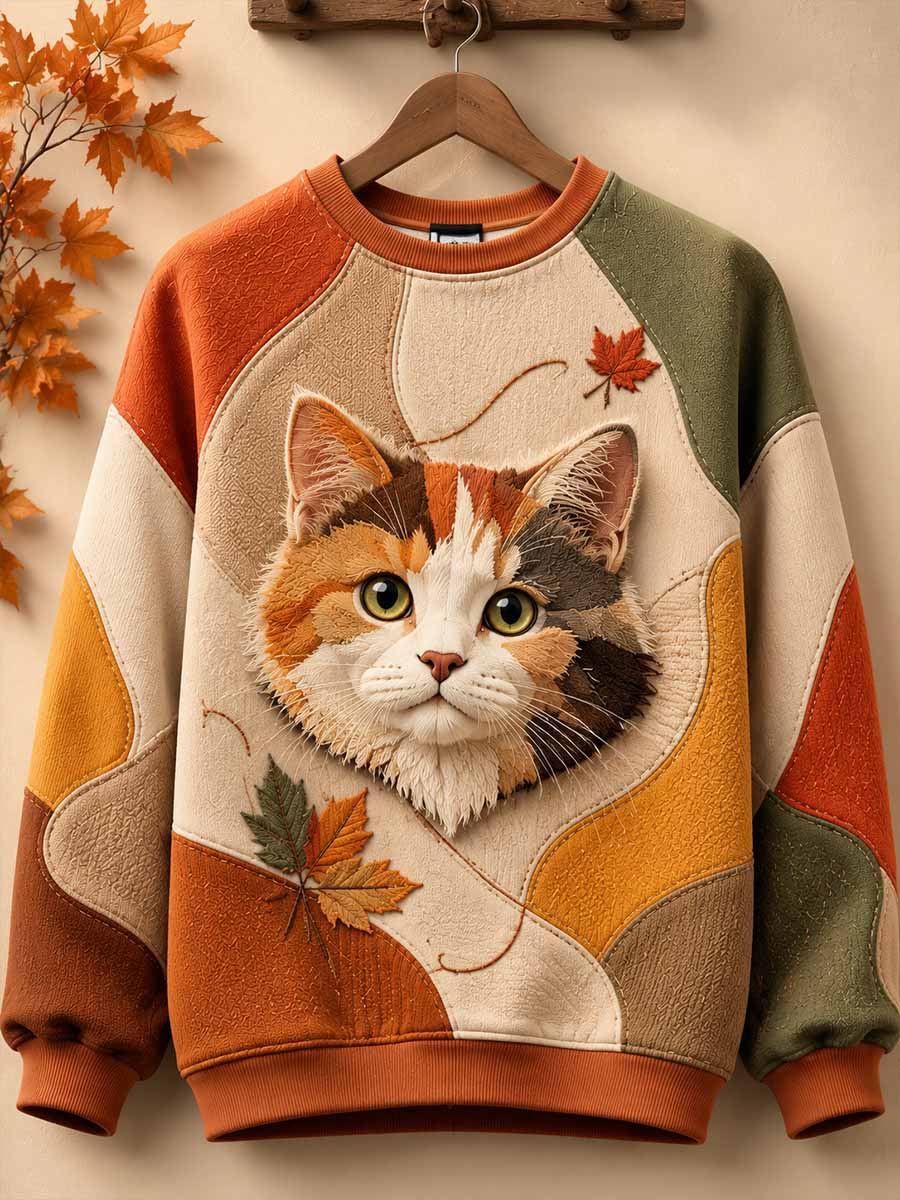 Women's Retro Autumn Cat Print Sweatshirt