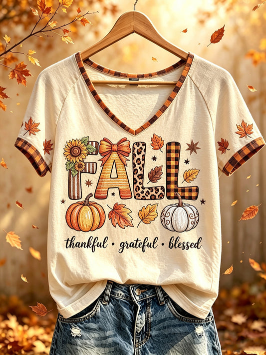 Women's autumn theme pattern printed casual short-sleeve T-shirt