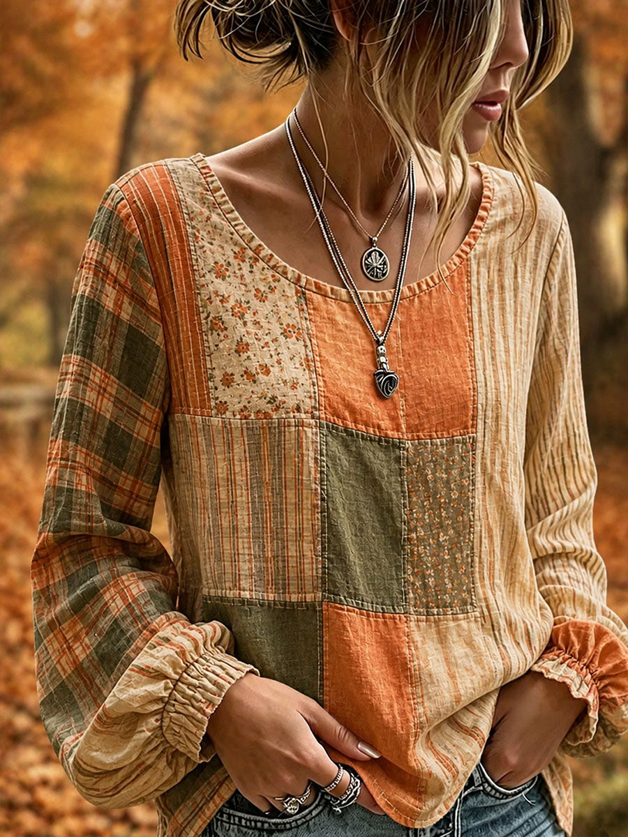 Women's Fall Patchwork Art Cotton Linen Shirt