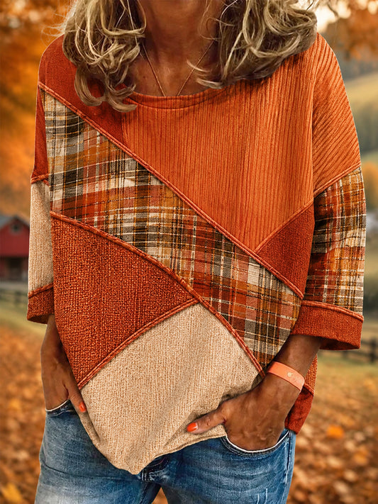 Women's Fall Season Plaid Patchwork Print Casual Top