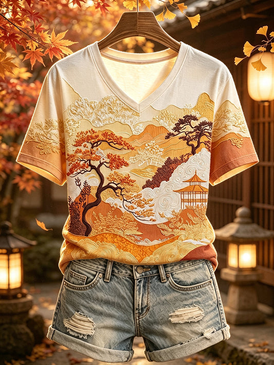 Women's Vintage Japanese Autumn Landscape Art Print Short-sleeved T-shirt