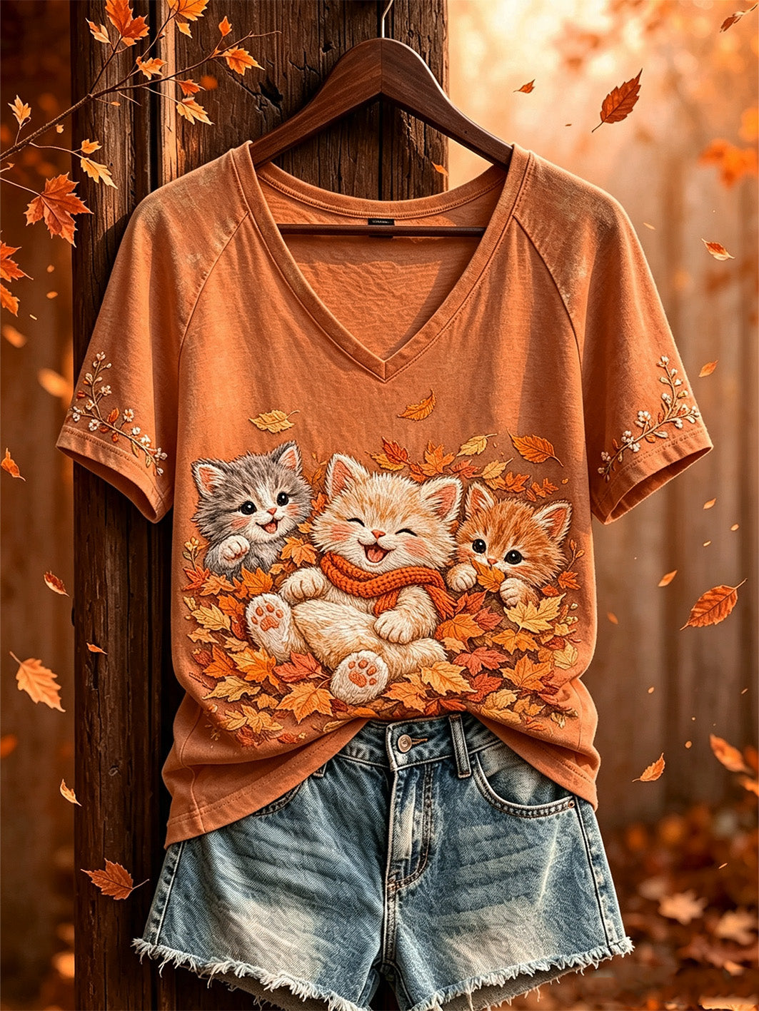 Women's cat and fallen leaves pattern printed casual short-sleeve T-shirt