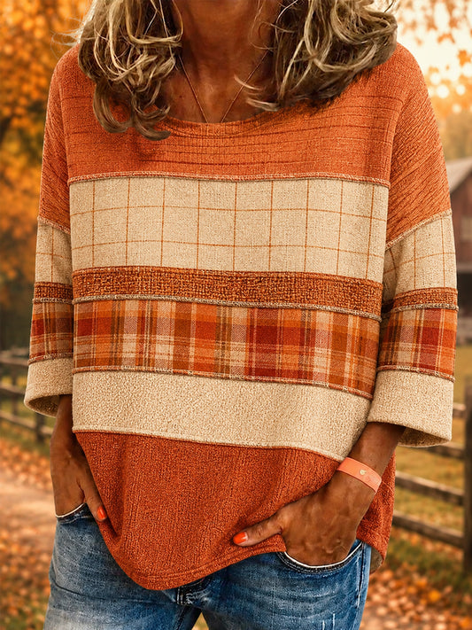 Women's Fall Season Plaid Patchwork Print Casual Top