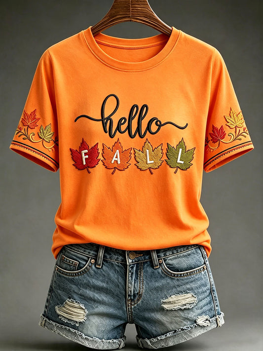 Women's"Hello Full" Autumn Themed Printed Casual T-shirt