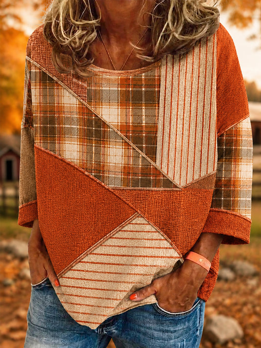 Women's Fall Season Plaid Patchwork Print Casual Top