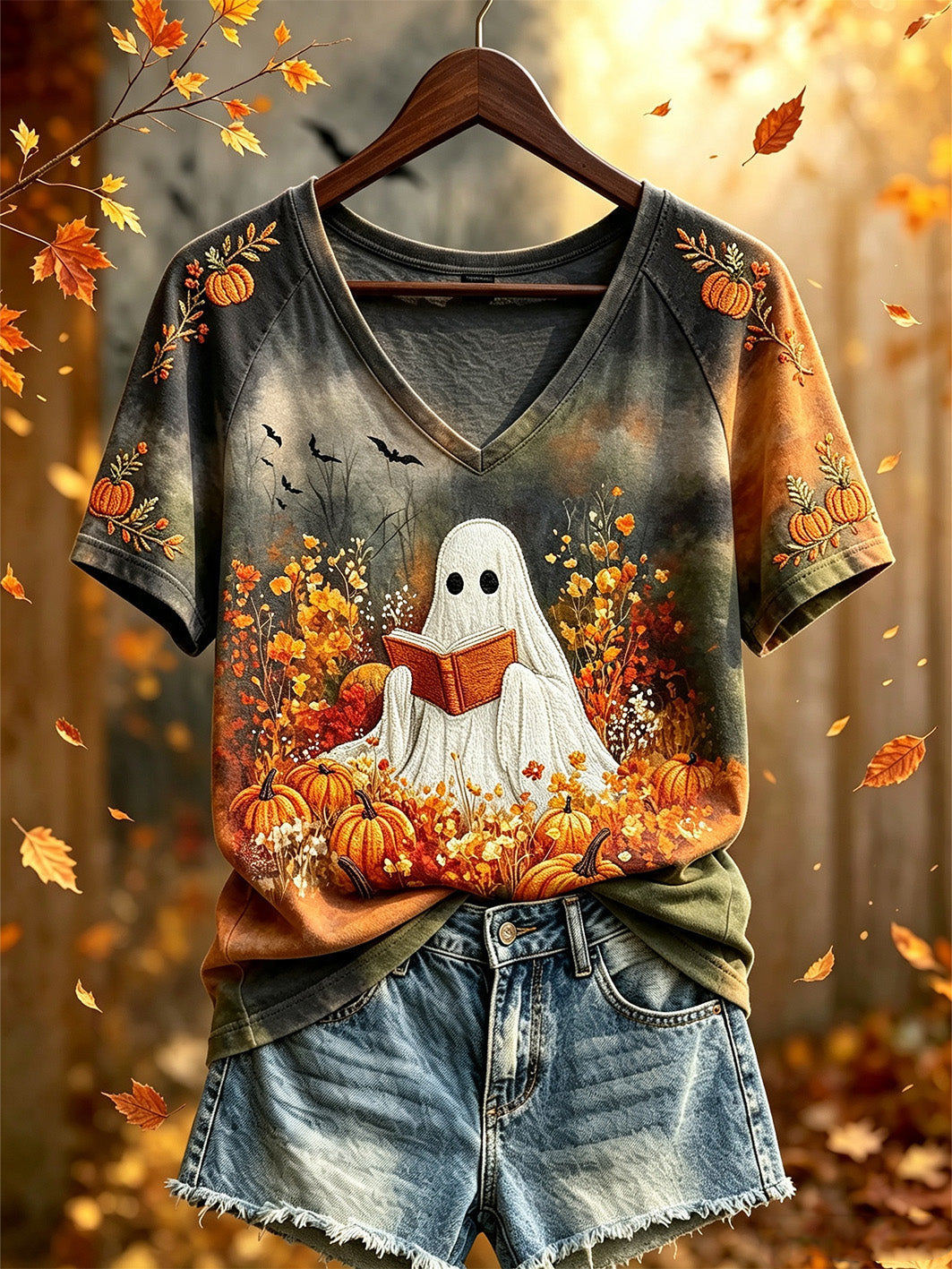 Women's autumn theme pattern printed casual short-sleeve T-shirt