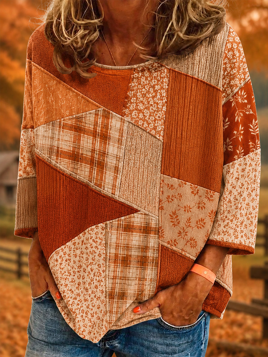 Women's Fall Season Plaid Patchwork Print Casual Top