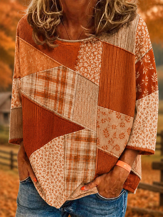 Women's Fall Season Plaid Patchwork Print Casual Top