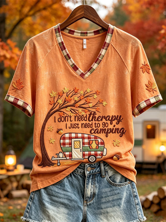 Women's I Don't Need Therapy I Just Need to Go Camping Fall Camping Print short-sleeved T-shirt