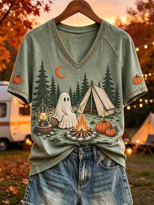 Women's Halloween Ghost Fall Camping Print short-sleeved T-shirt