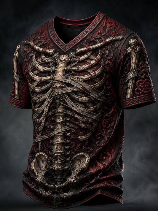 Men's Halloween Gothic Skeleton Print V-neck T-shirt