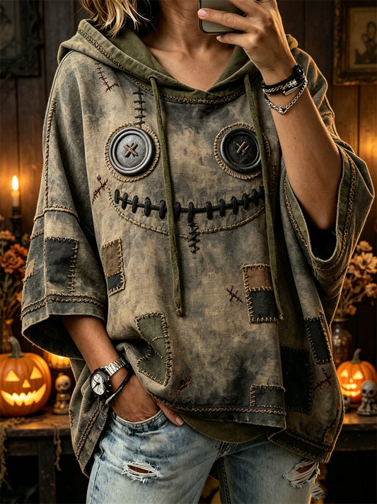 Women's Halloween Spooky Doll Face & Stitches Print Mid-length Sleeves Oversize Hoodie