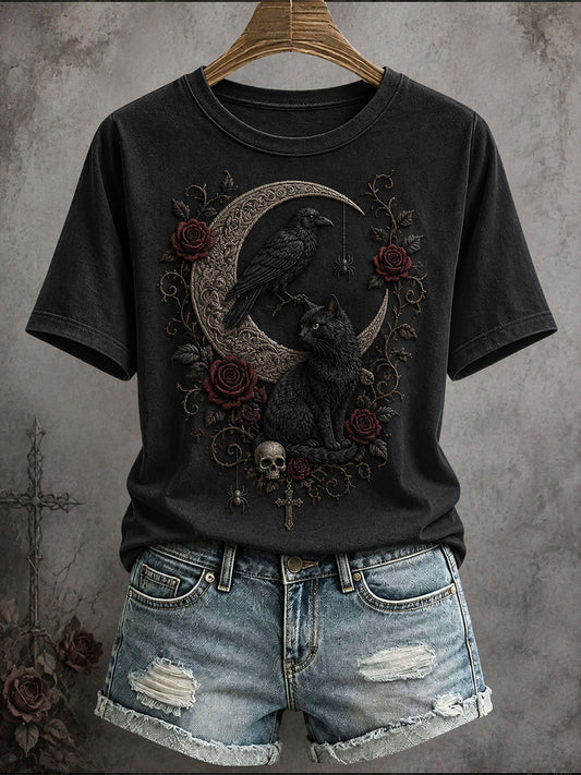 Women's Gothic Style Floral Cat T-Shirt