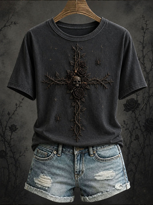 Women's Gothic Style Floral Cross T-shirt