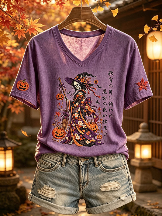 Women's Japanese Skeleton Witch Halloween Kimono Art Print Short-sleeved T-shirt