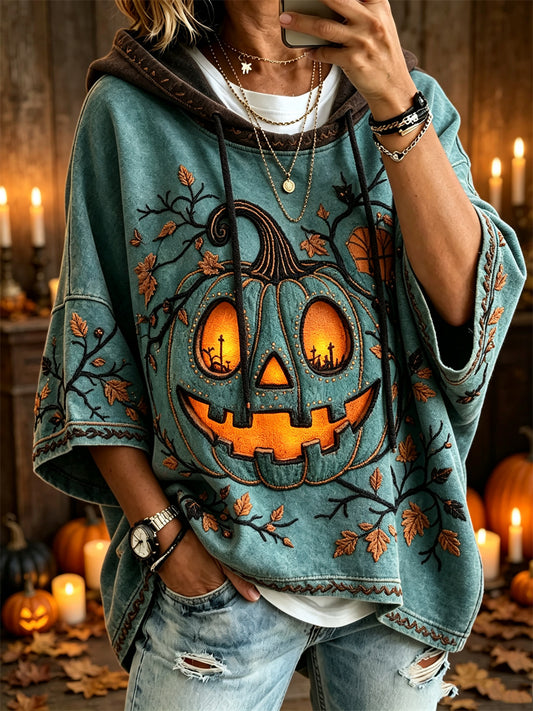 Women's Halloween Pumpkin & Spooky Maple Tree Print Mid-length Sleeves Oversize Hoodie