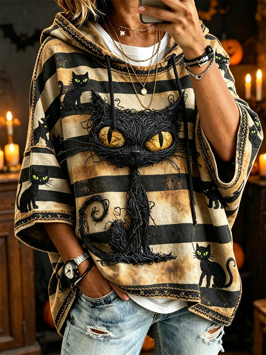 Women's Halloween Black Cats Witch Striped Print Mid-length Sleeves Oversize Hoodie