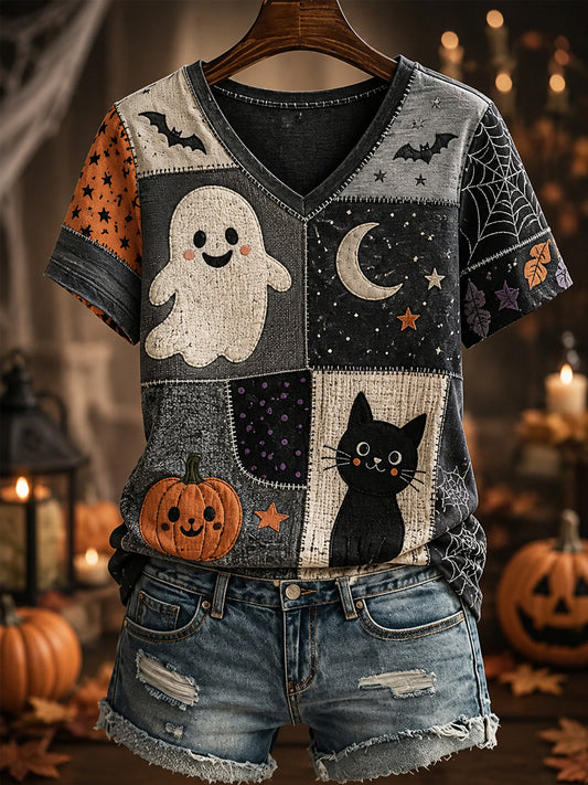 Women's Halloween Ghost Black Cat Patchwork Print Casual V-Neck Tee