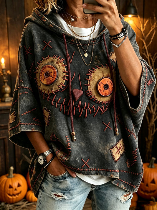 Women's Halloween Spooky Black Cat Doll Face Stitches Print Mid-length Sleeves Oversize Hoodie