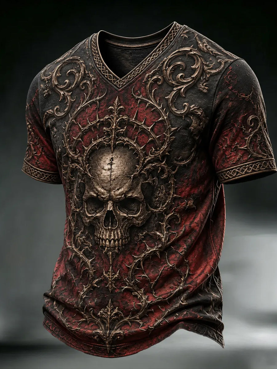 Men's Halloween Gothic Skull Print V-neck T-shirt