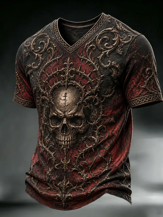 Men's Halloween Gothic Skull Print V-neck T-shirt