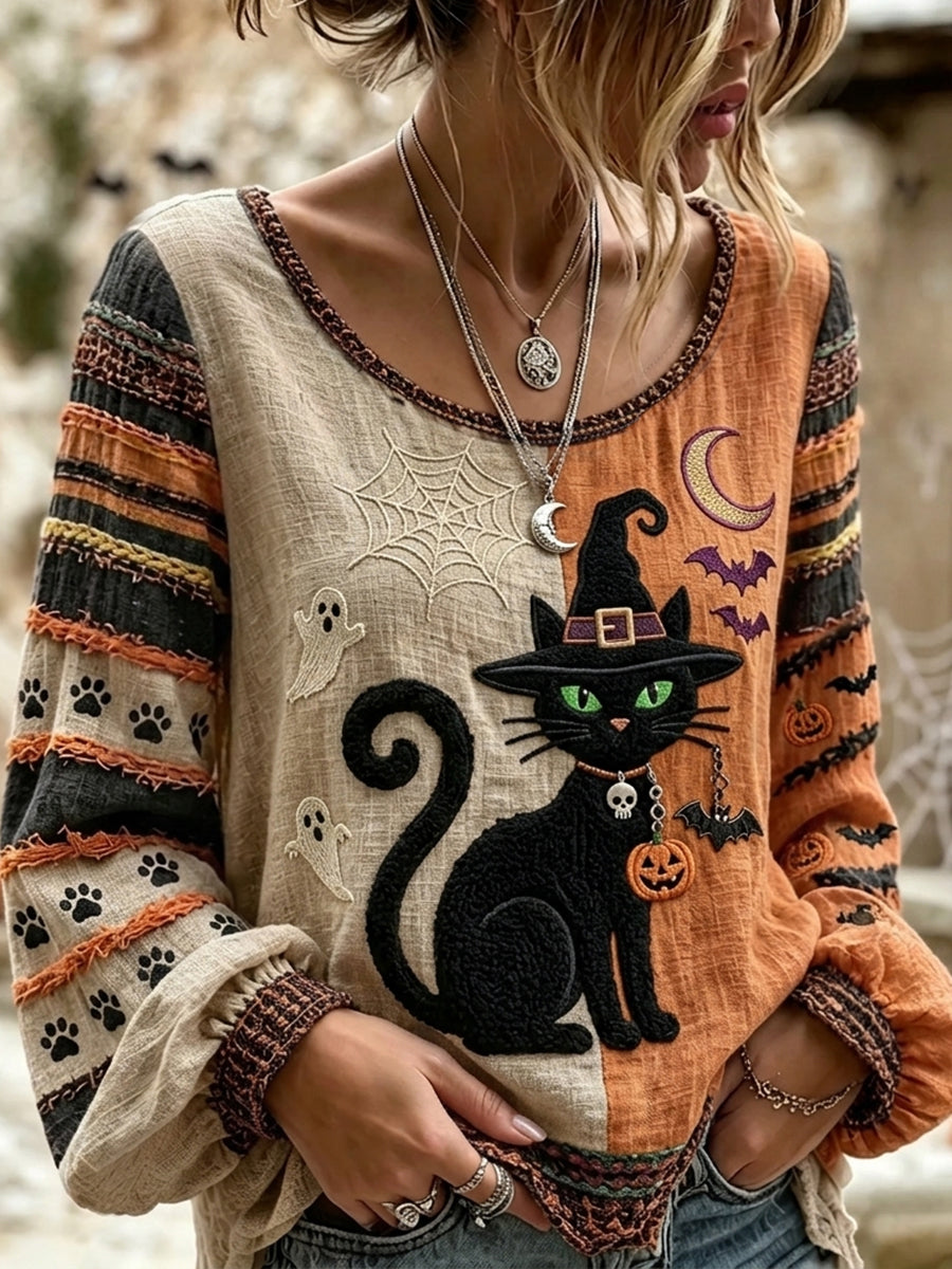 Women's Vintage Halloween Wizard Cat Art Print Cotton-Linen Shirt