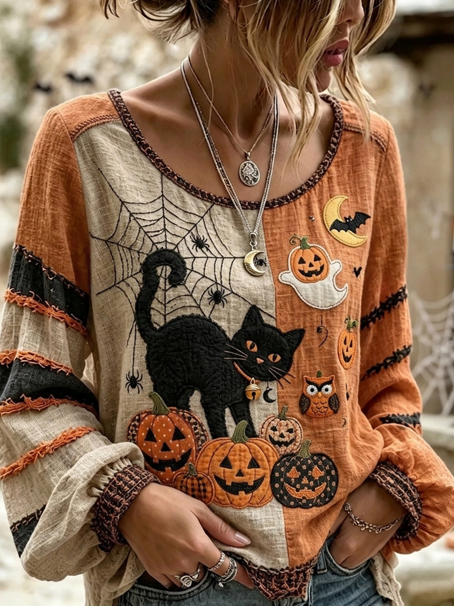 Women's Vintage Halloween Wizard Cat Art Print Cotton-Linen Shirt